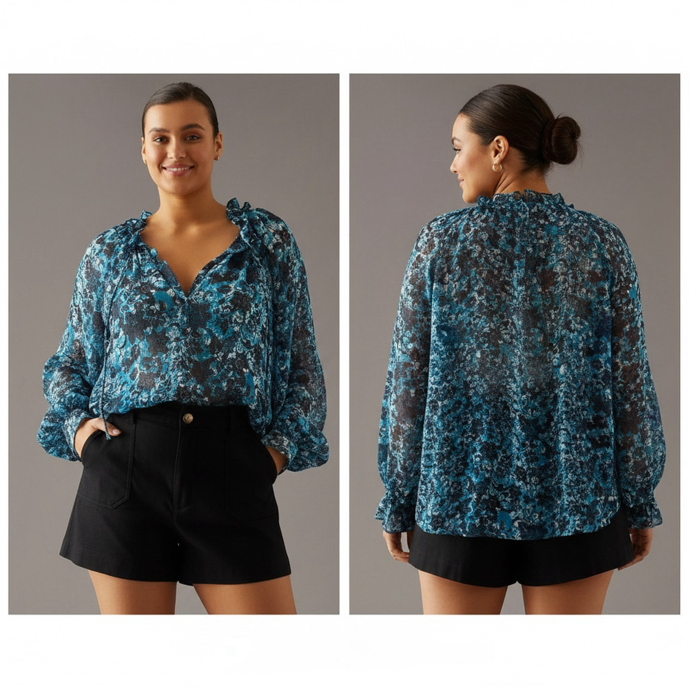 Anthropologie Blue Floral Peasant Blouse Top XL Sheer Long Sleeve Ruffle Neck